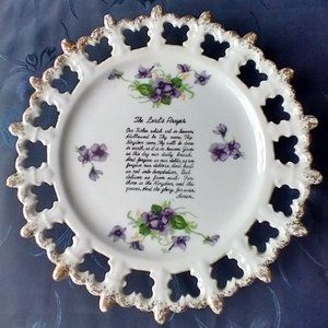 Wall Plate The Lord's Prayer Hanging Gold Trim Japan Pansy Scalloped VTG Deco